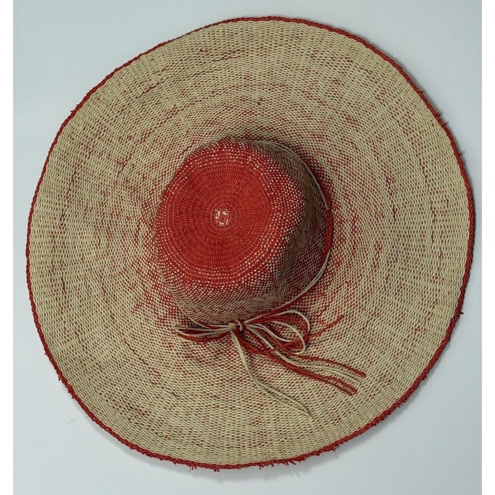 Wide Brim Floppy Sun Hat Natural Orange Woven Beach Resort Pool 19in Lightweight - Picture 3 of 5